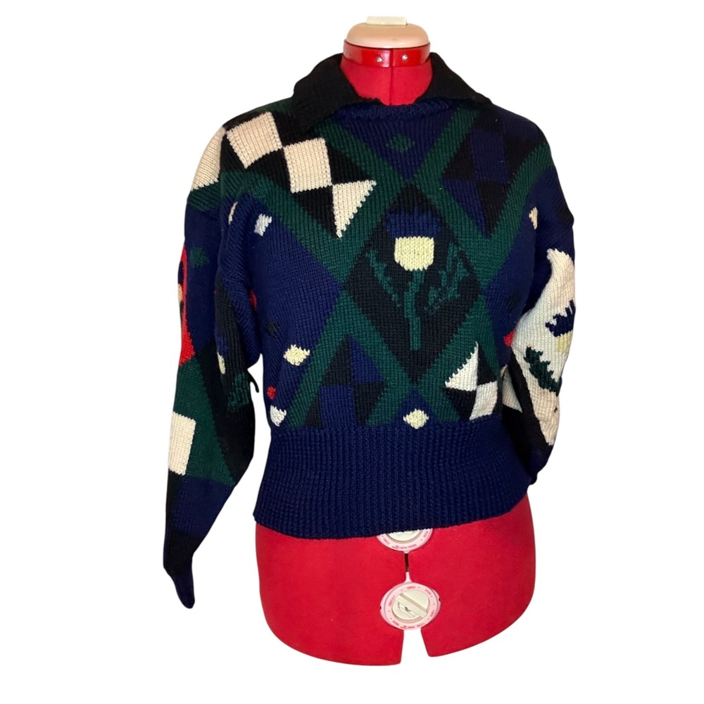 Vintage Berek 1987 Hand Knit Wool Sweater Geometric Abstract Funky Grandpa Navy